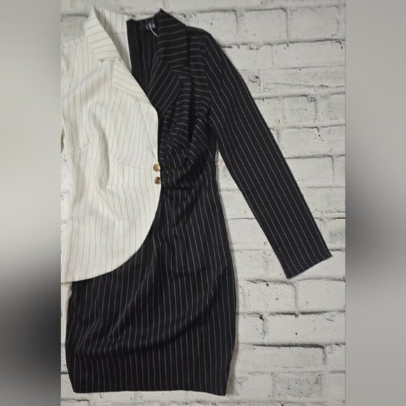 CBR Turn Down Neck Long Sleeve Buttons Striped Patchwork Bodycon Dress ~ NWT - Picture 8 of 16